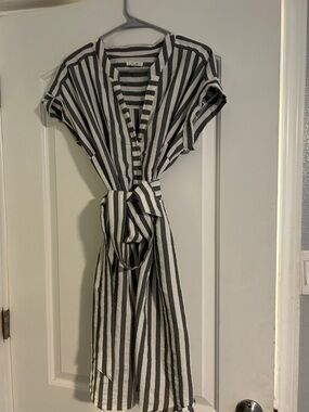 Maurices Black and White Vertical Stripe Tie-Front Midi Dress